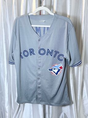 Blue Jays Alomar Gray Button-Front Baseball Jersey with Blue Trim